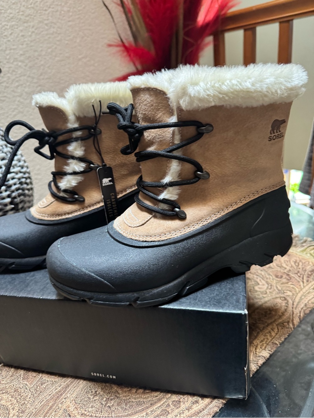 Sorel Tan and Black Faux-Fur Winter Lace-Up Boots